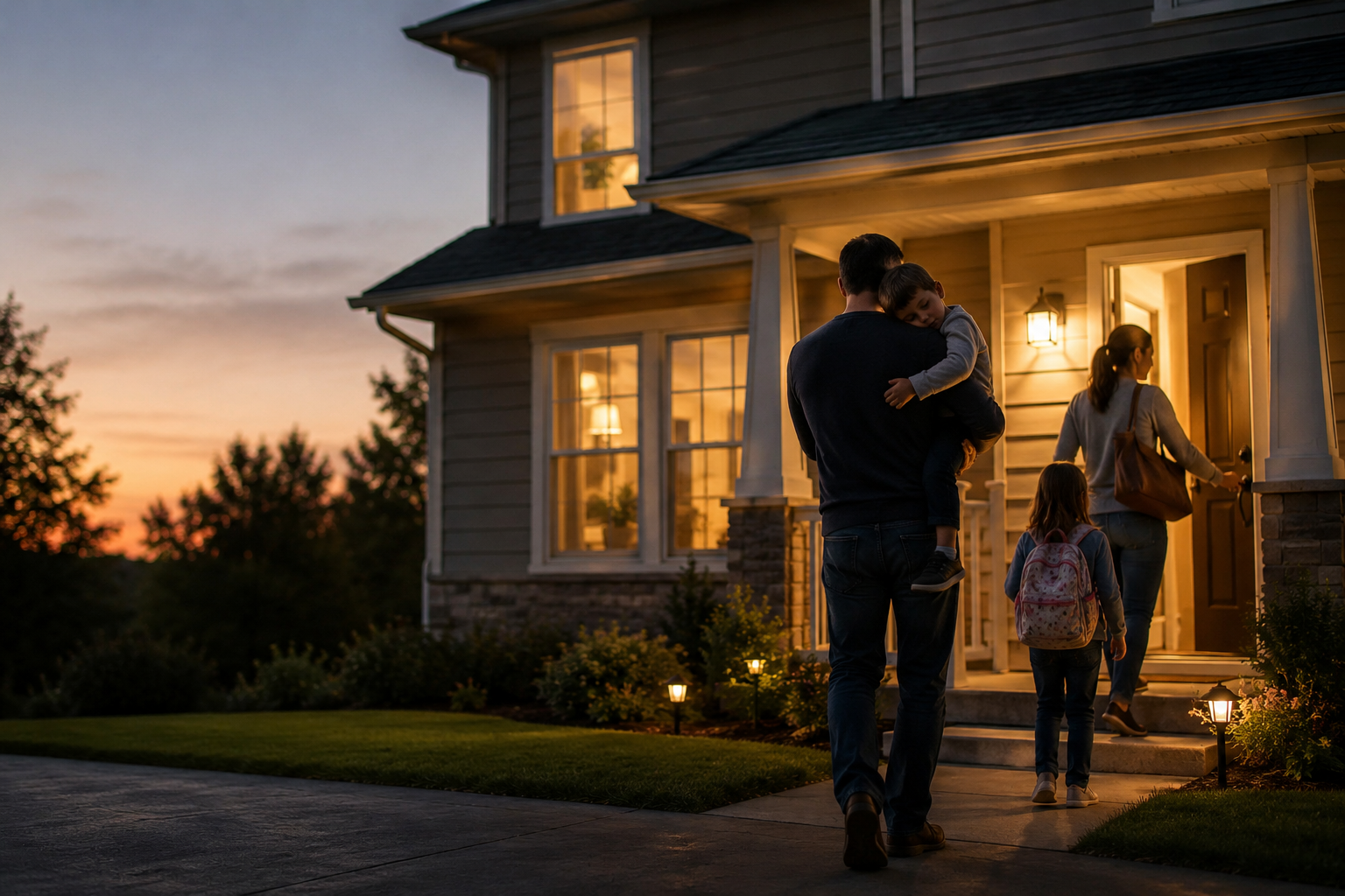 A family returning home together at sunset.