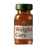 An amber glass vial with a dark green cap and a Weight Care label with an R monogram.