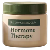 A cream jar with a dark green lid and a Hormone Therapy label with the Low Cost RX Club name.