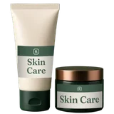 A cream tube and a dark green jar with Skin Care labels with an R monogram.