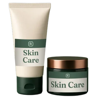 A cream tube and a dark green jar with Skin Care labels with an R monogram.