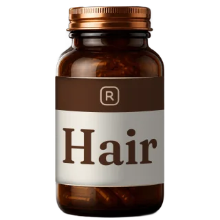 An amber glass bottle with a copper cap and a Hair label with an R monogram.