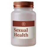 A frosted white bottle with a copper cap and a Sexual Health label with an R monogram.
