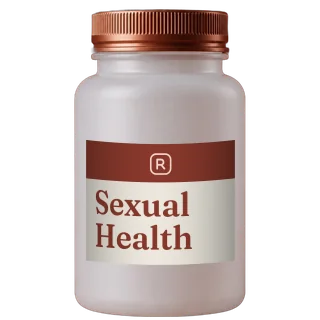 A frosted white bottle with a copper cap and a Sexual Health label with an R monogram.