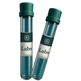 Two sample tubes with green stoppers and Labs labels with an R monogram.