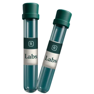 Two sample tubes with green stoppers and Labs labels with an R monogram.