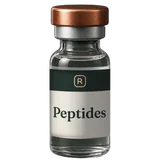 A small glass vial with a copper cap and a Peptides label with an R monogram.