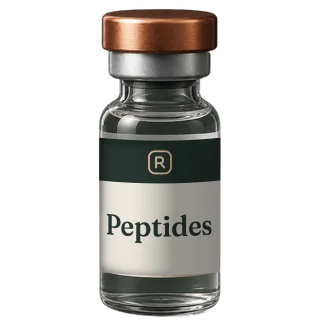 A small glass vial with a copper cap and a Peptides label with an R monogram.
