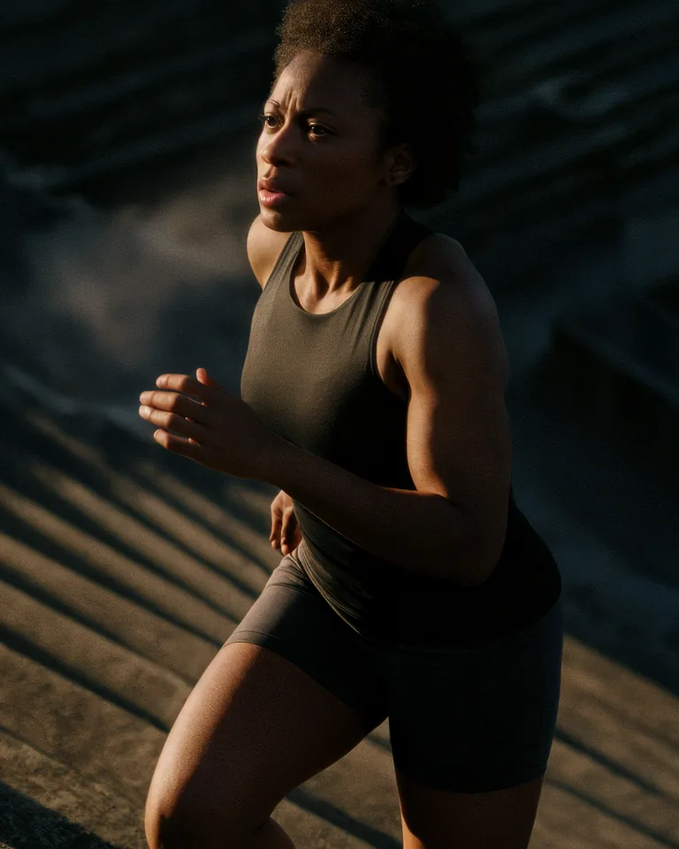 A woman runs up stadium steps at sunrise.