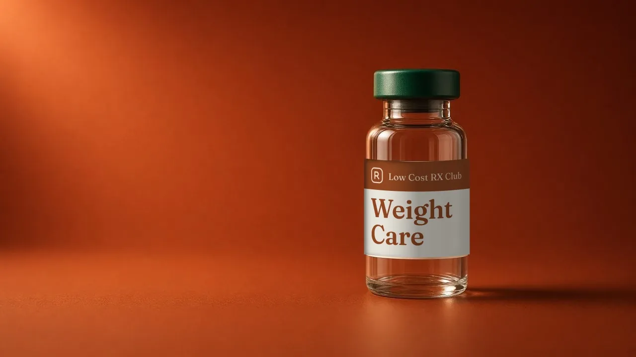 A clear glass vial with a dark green cap and a Weight Care label with the Low Cost RX Club name, on a deep orange background.