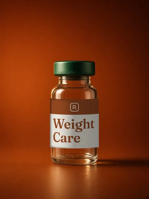 A clear glass vial with a dark green cap and a Weight Care label with an R monogram, on a deep orange background.