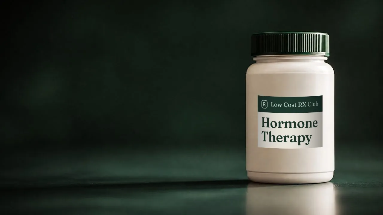 A white bottle with a dark green cap and a Hormone Therapy label with the Low Cost RX Club name, on a dark green background.