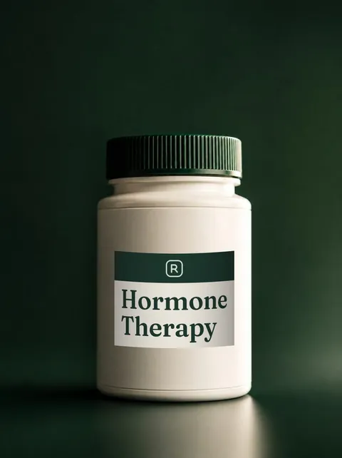 A white bottle with a dark green cap and a Hormone Therapy label with an R monogram, on a dark green background.
