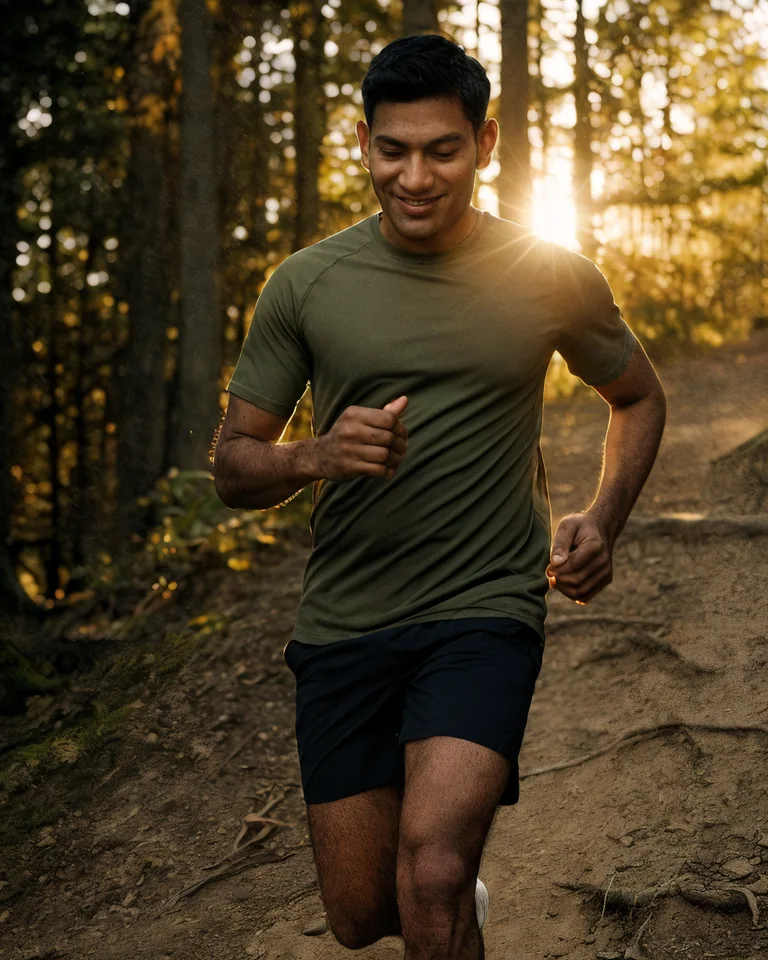 A man runs down a forest trail at golden hour.