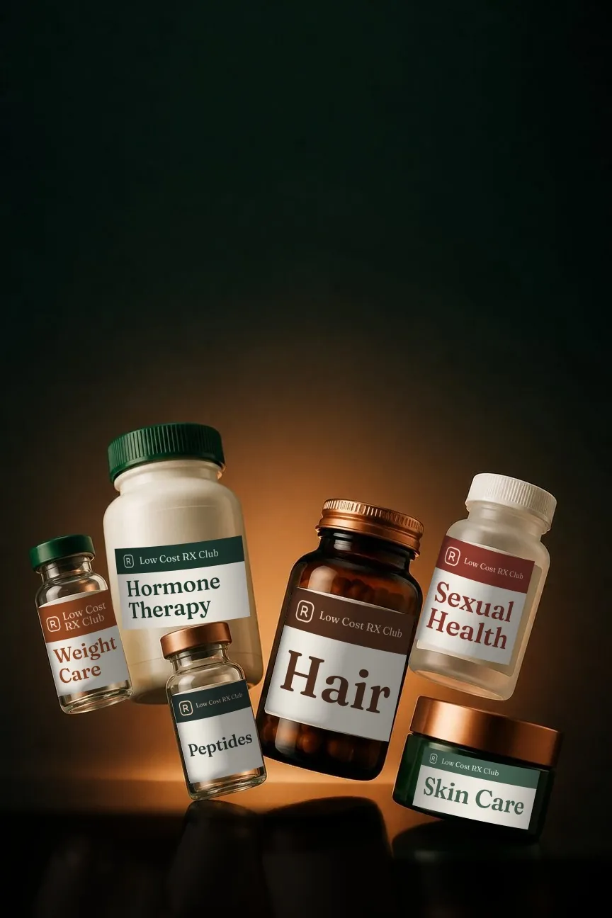 Floating bottles, vials and jars with Weight Care, Hormone Therapy, Hair, Sexual Health, Skin Care and Peptides labels with the Low Cost RX Club name.