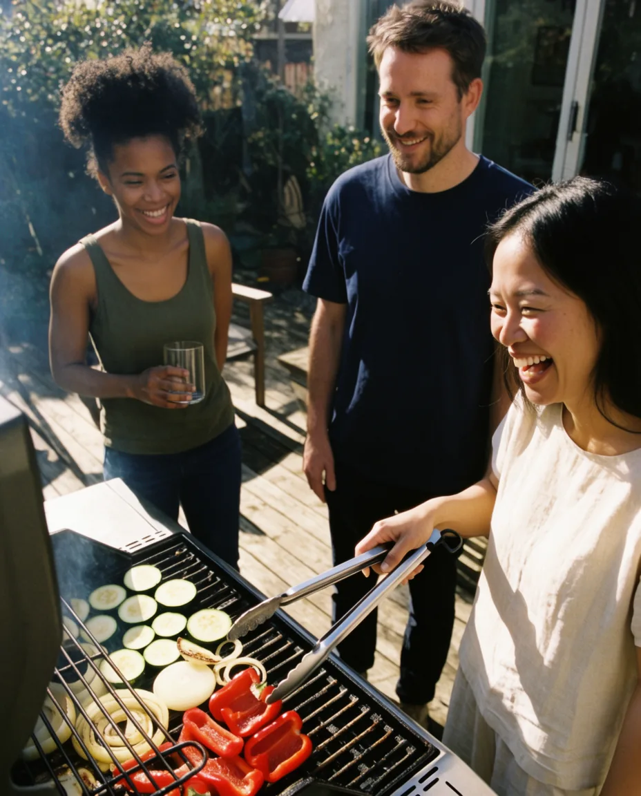 Three friends laugh while cooking outside.