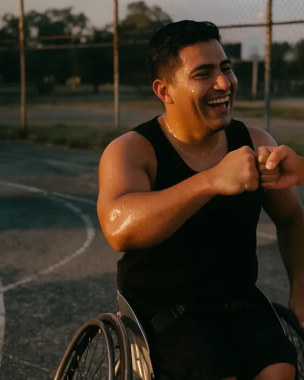 Two friends laugh after a game on an outdoor court.