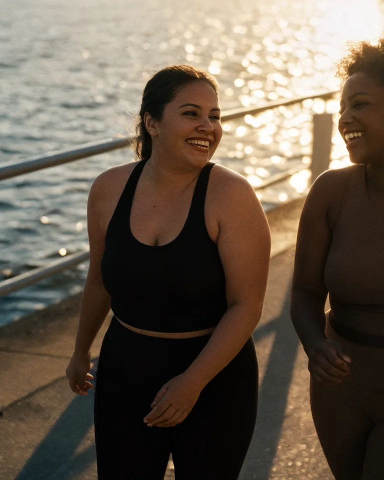 Two friends power walk by the water at sunrise.