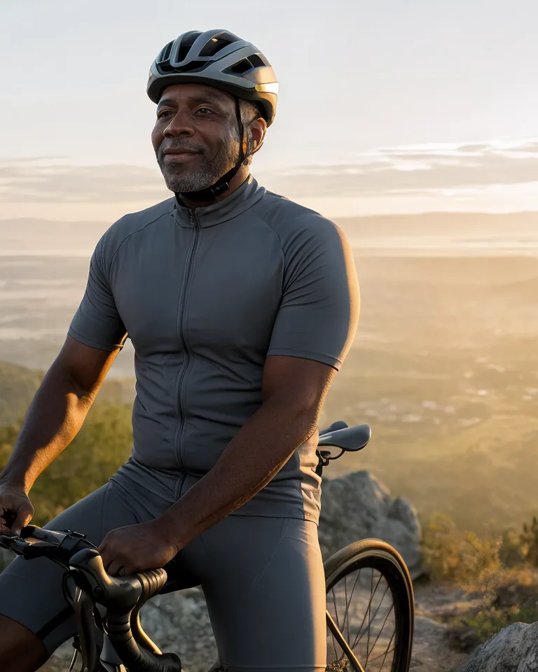A man rests with his bike at a hilltop at sunrise.