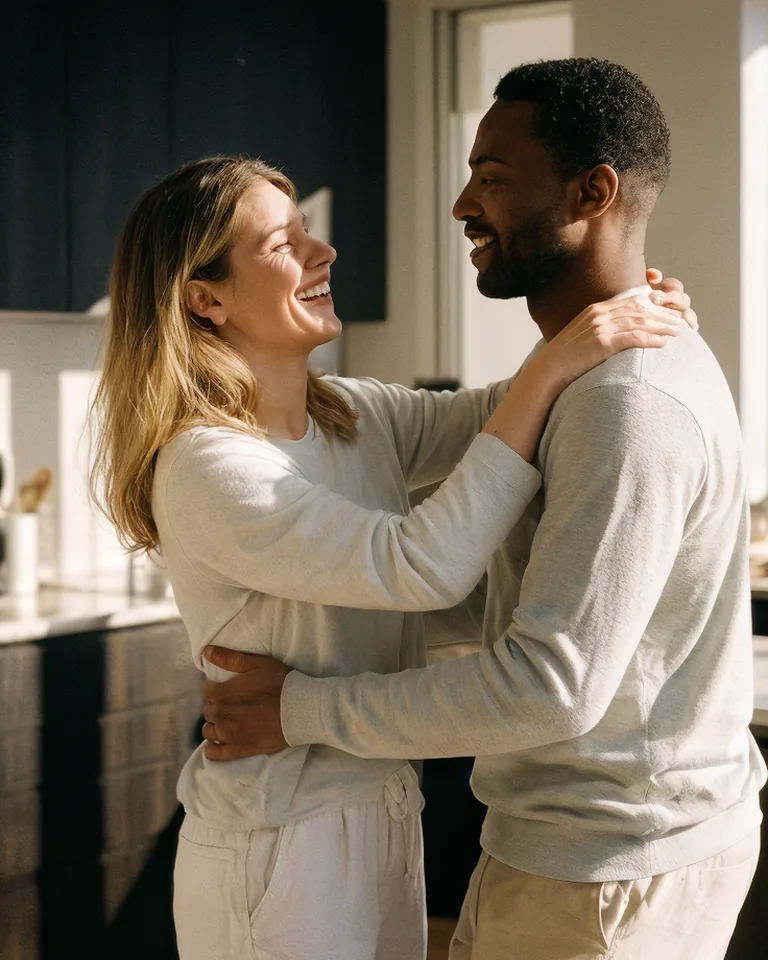 A couple dances and laughs in their kitchen.