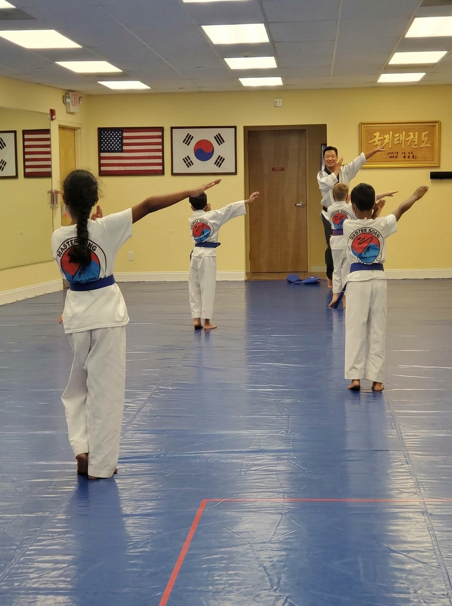 Children practicing Tae Kwon Do in class