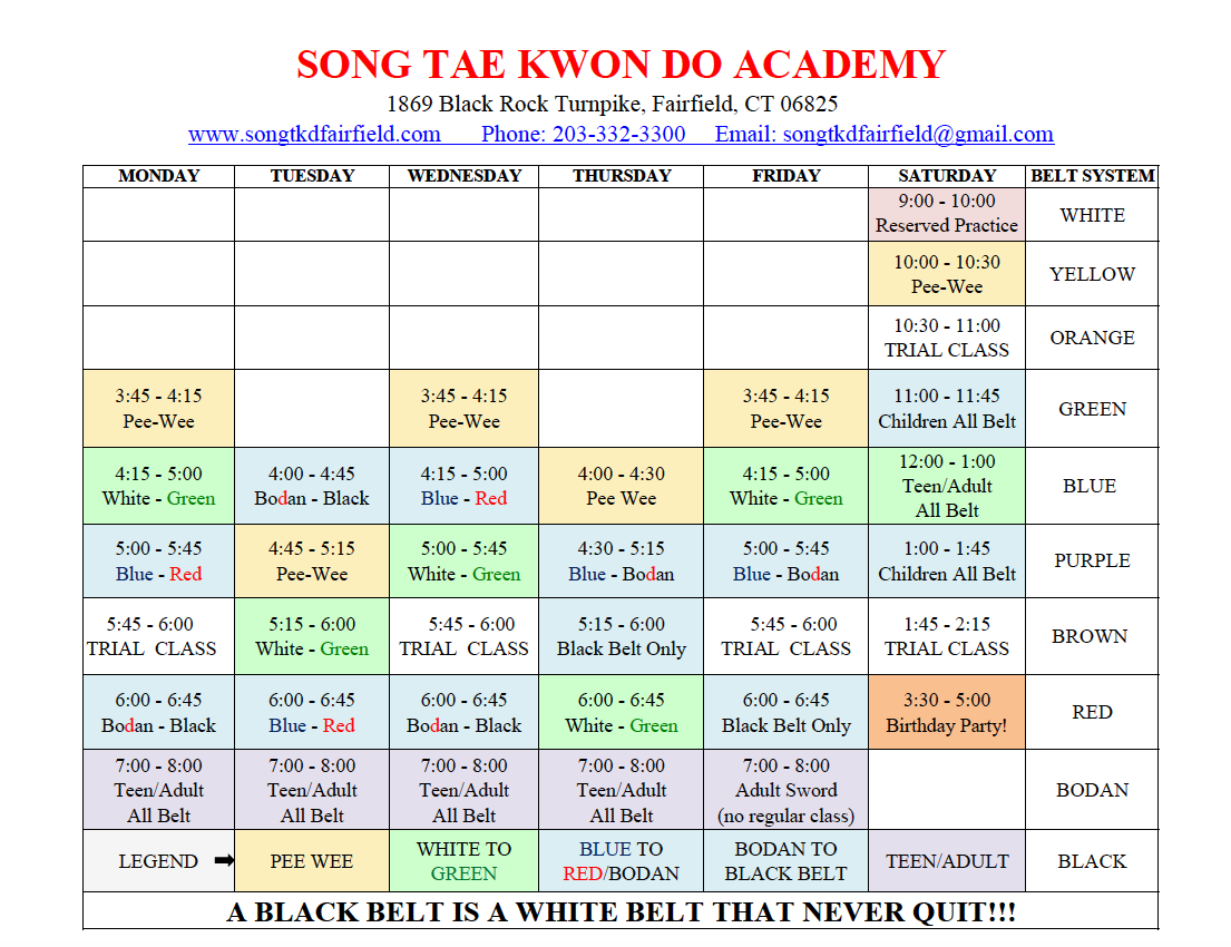 Song Tae Kwon Do Academy daily class schedule