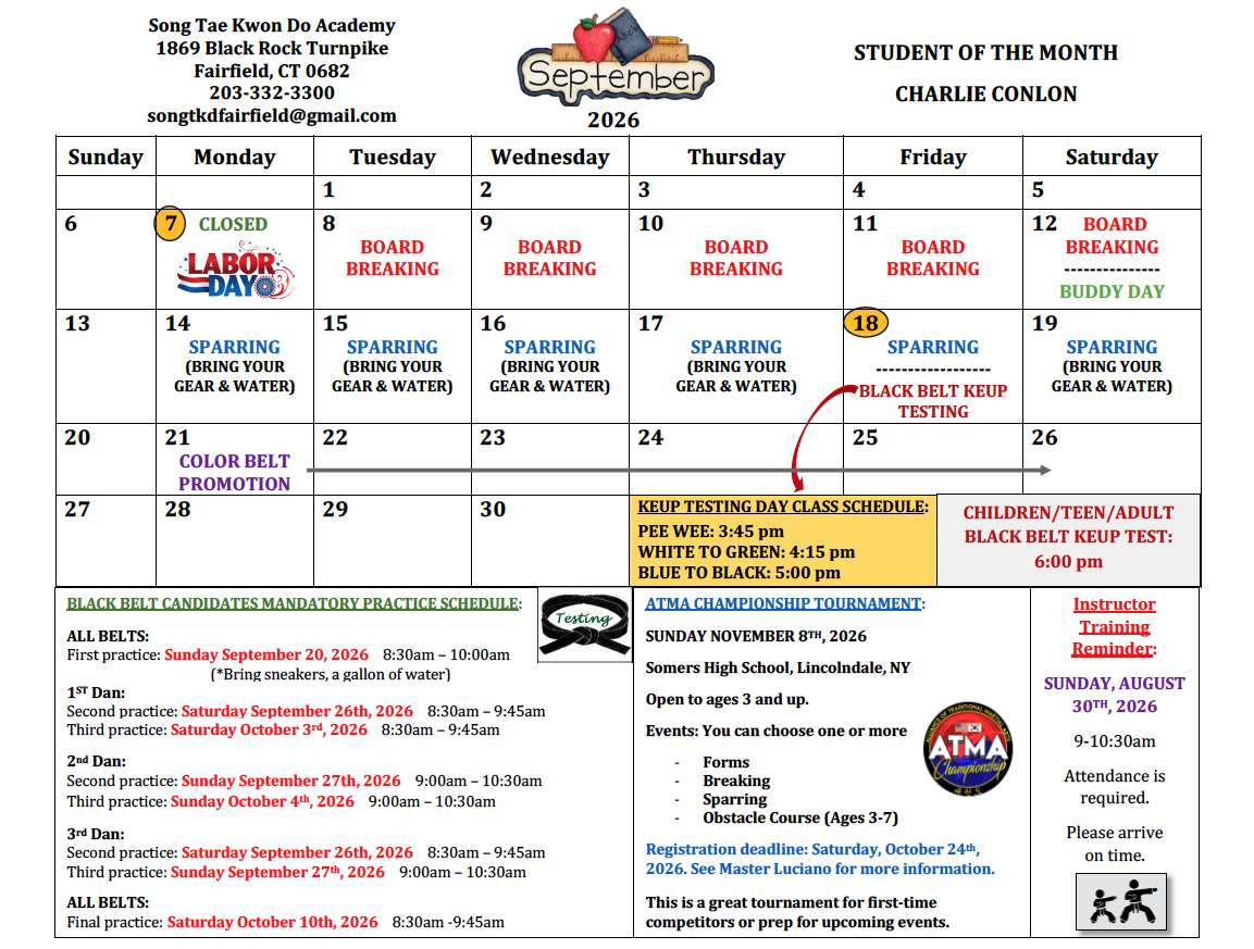 Song Tae Kwon Do Academy monthly events calendar