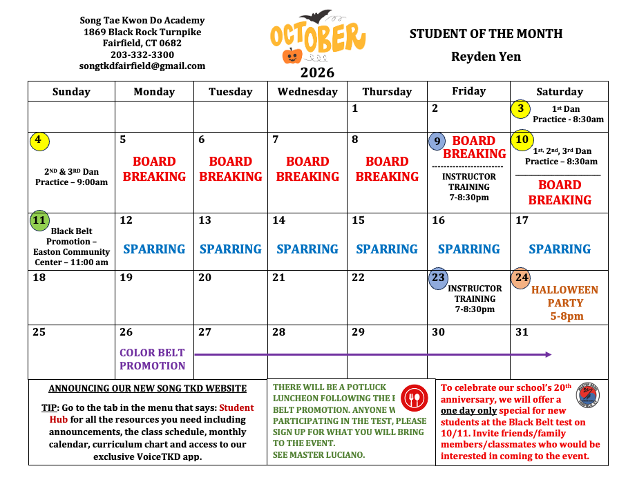 Song Tae Kwon Do Academy monthly events calendar