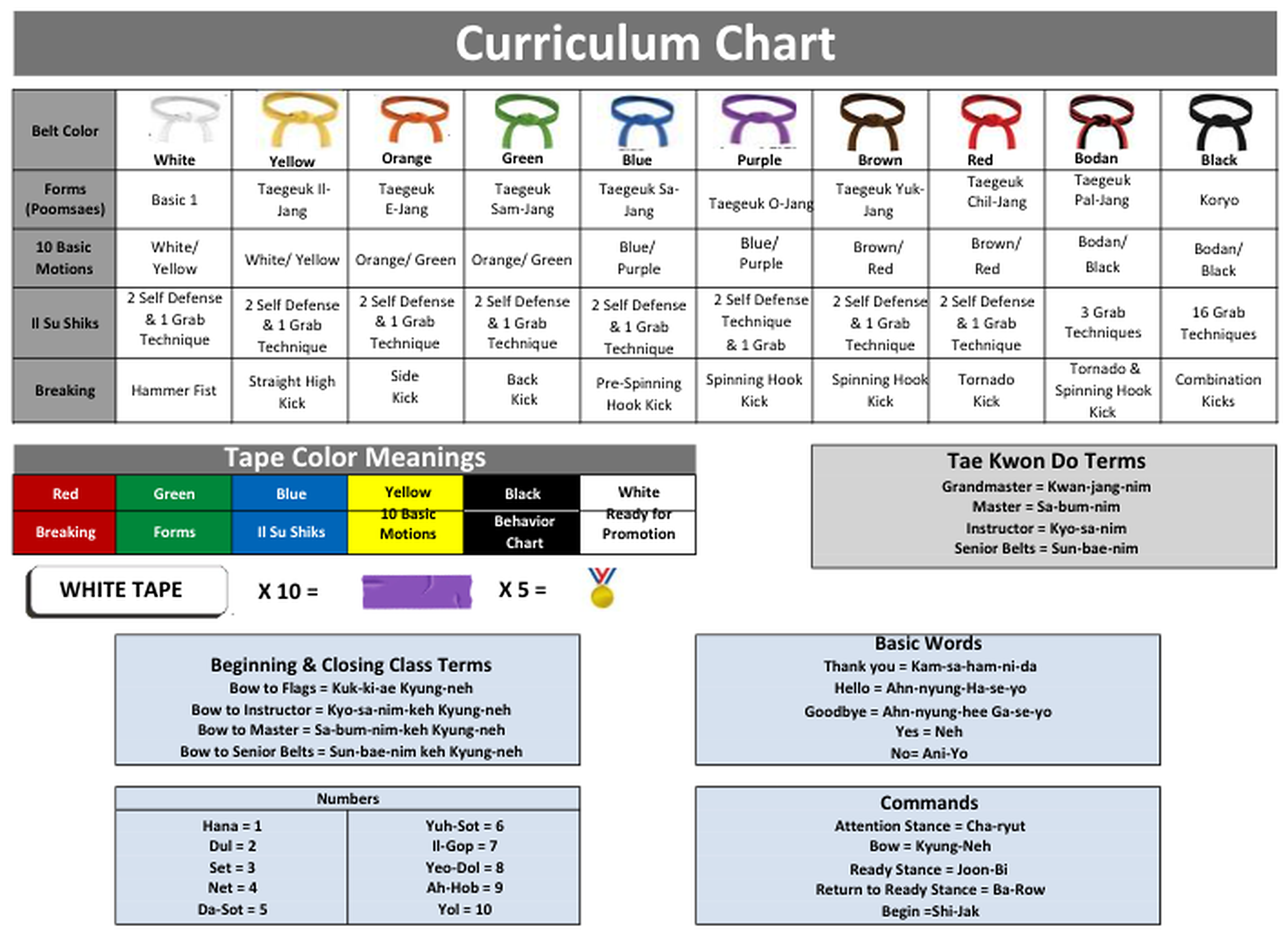 Song Tae Kwon Do Academy belt ranking curriculum chart