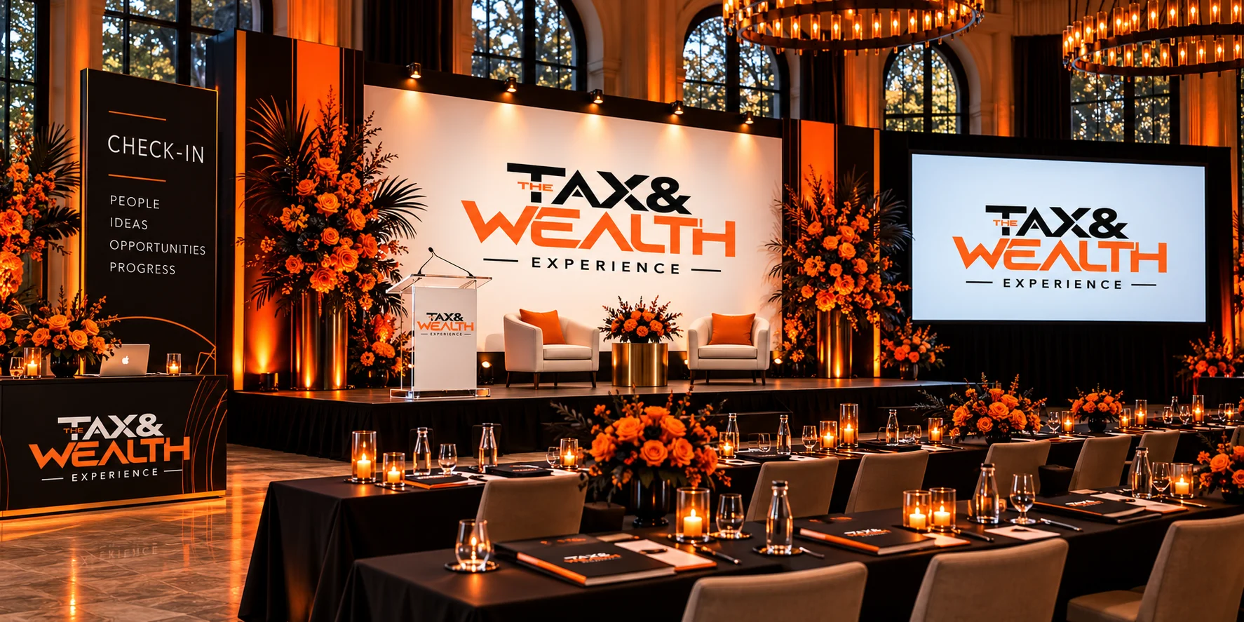 The Tax & Wealth Experience stage and event room