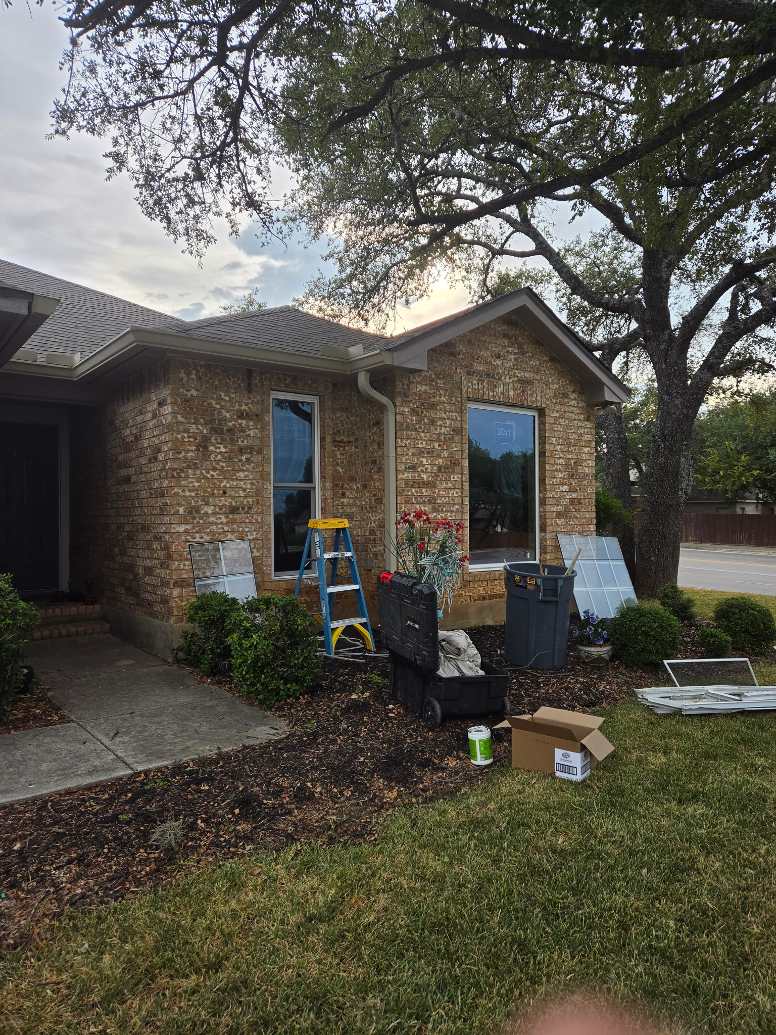 Front yard staging area with new windows ready for installation