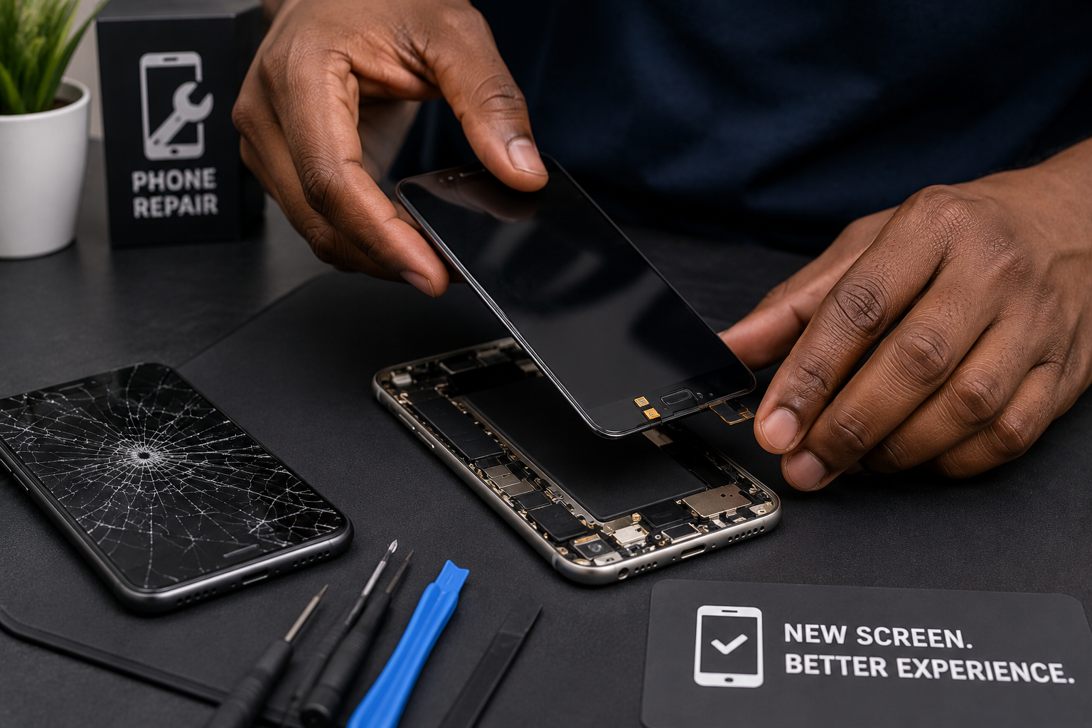 Technician replacing a cracked phone screen with a new display. Technician replacing a cracked phone screen with a new display.