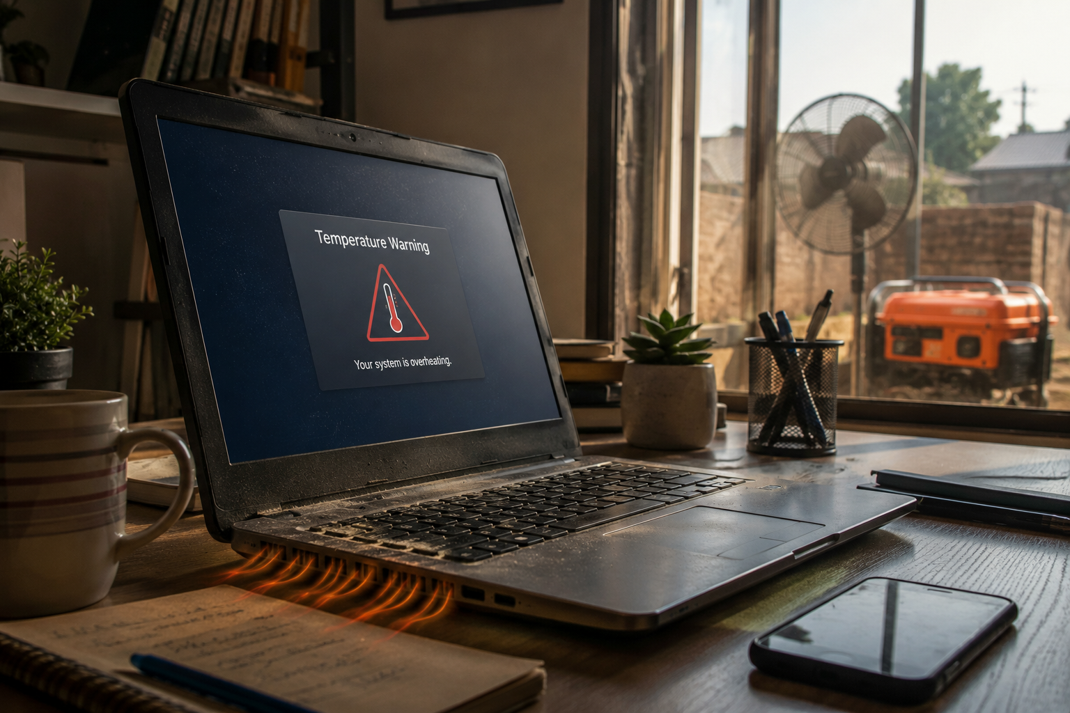 Overheating laptop on a desk in Lagos affected by heat and dust buildup. Overheating laptop on a desk in Lagos affected by heat and dust buildup.