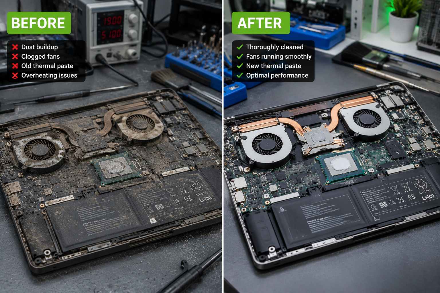 Before and after comparison showing laptop dust removal and thermal paste replacement. Before and after comparison showing laptop dust removal and thermal paste replacement.