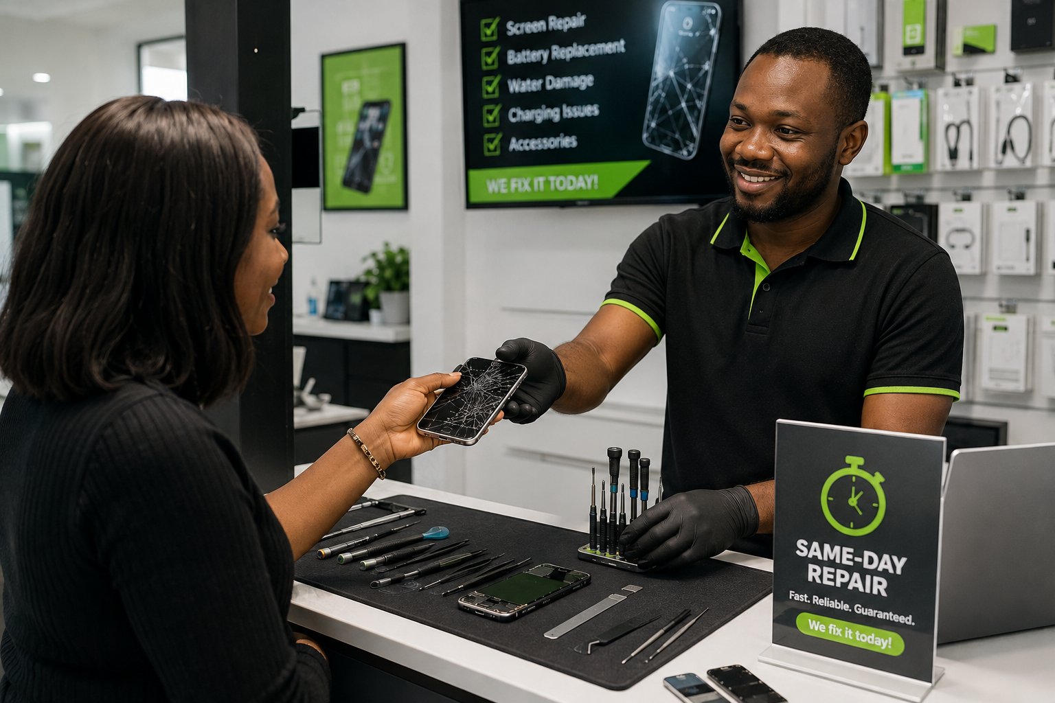 A customer handing a damaged smartphone with a cracked screen to a professional repair technician A customer handing a damaged smartphone with a cracked screen to a professional repair technician
