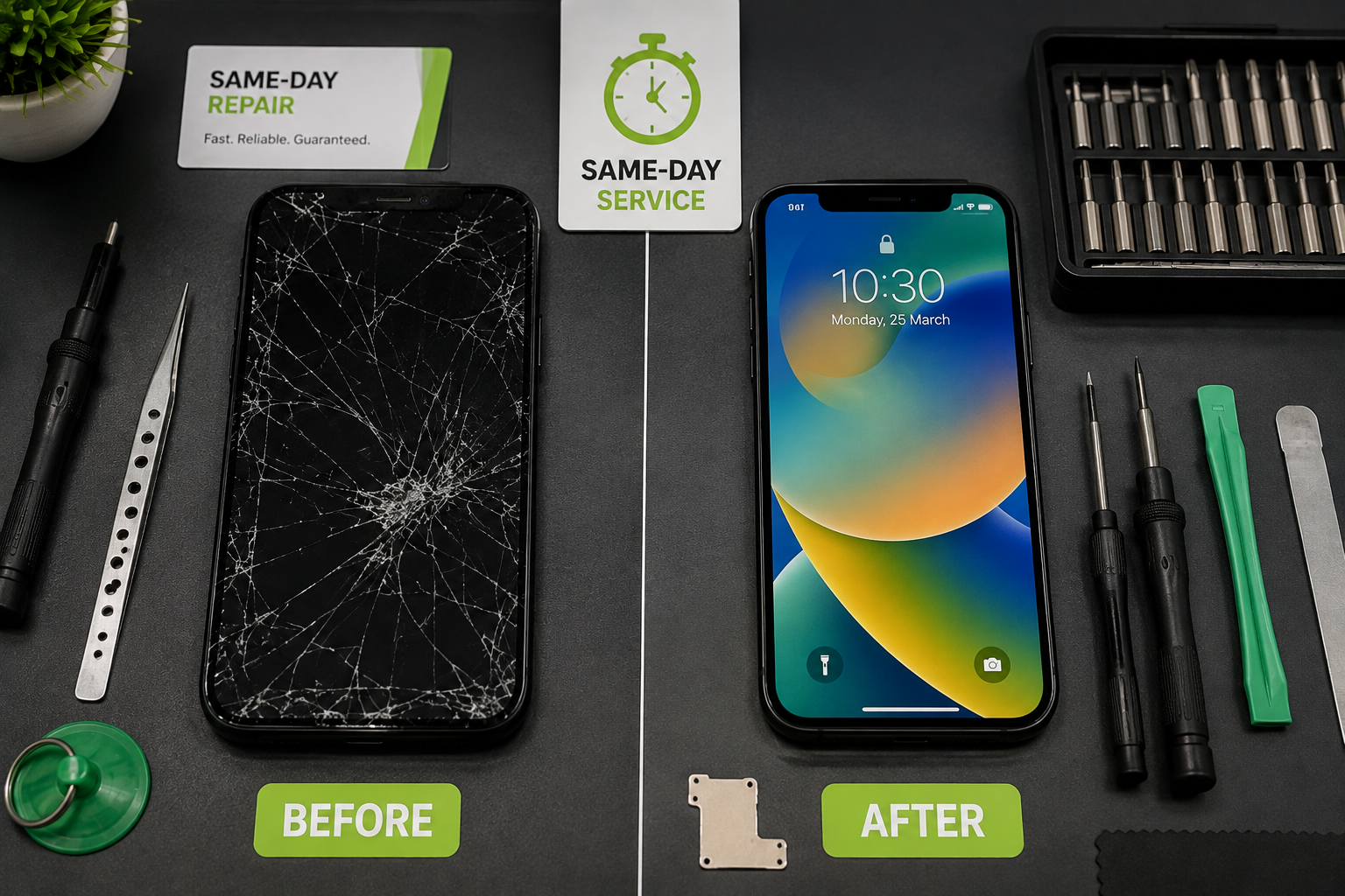 Before and after repair by a RepairBirds technician Before and after repair by a RepairBirds technician