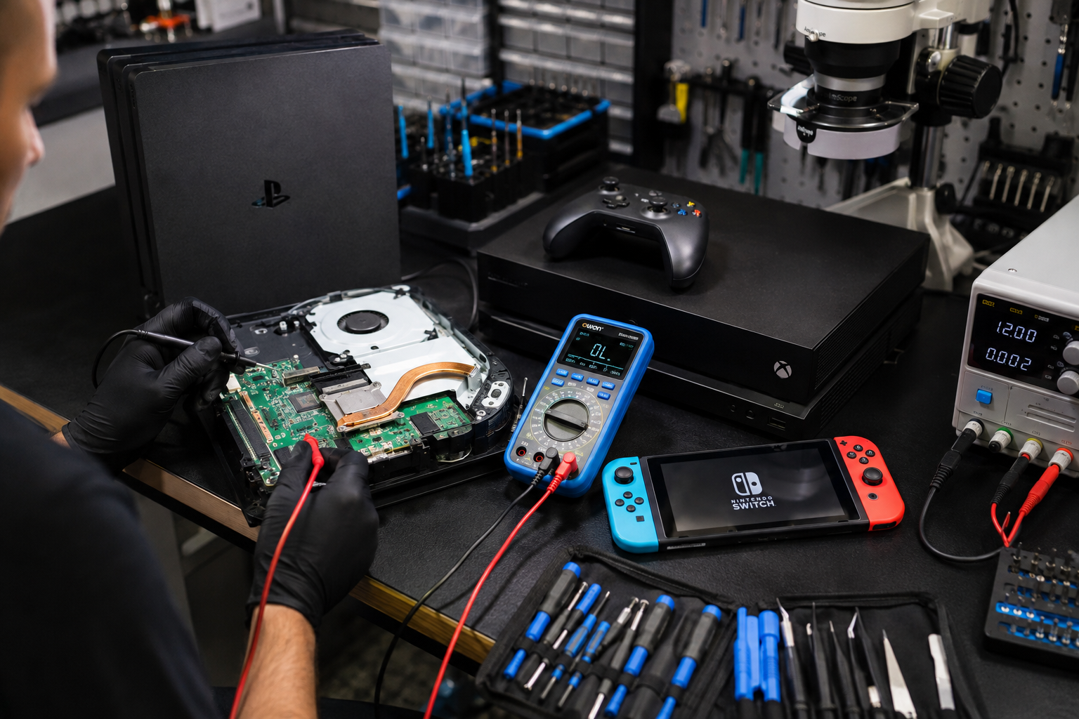 A gaming console repair station featuring a PlayStation, Xbox, and Nintendo Switch undergoing diagnostics.