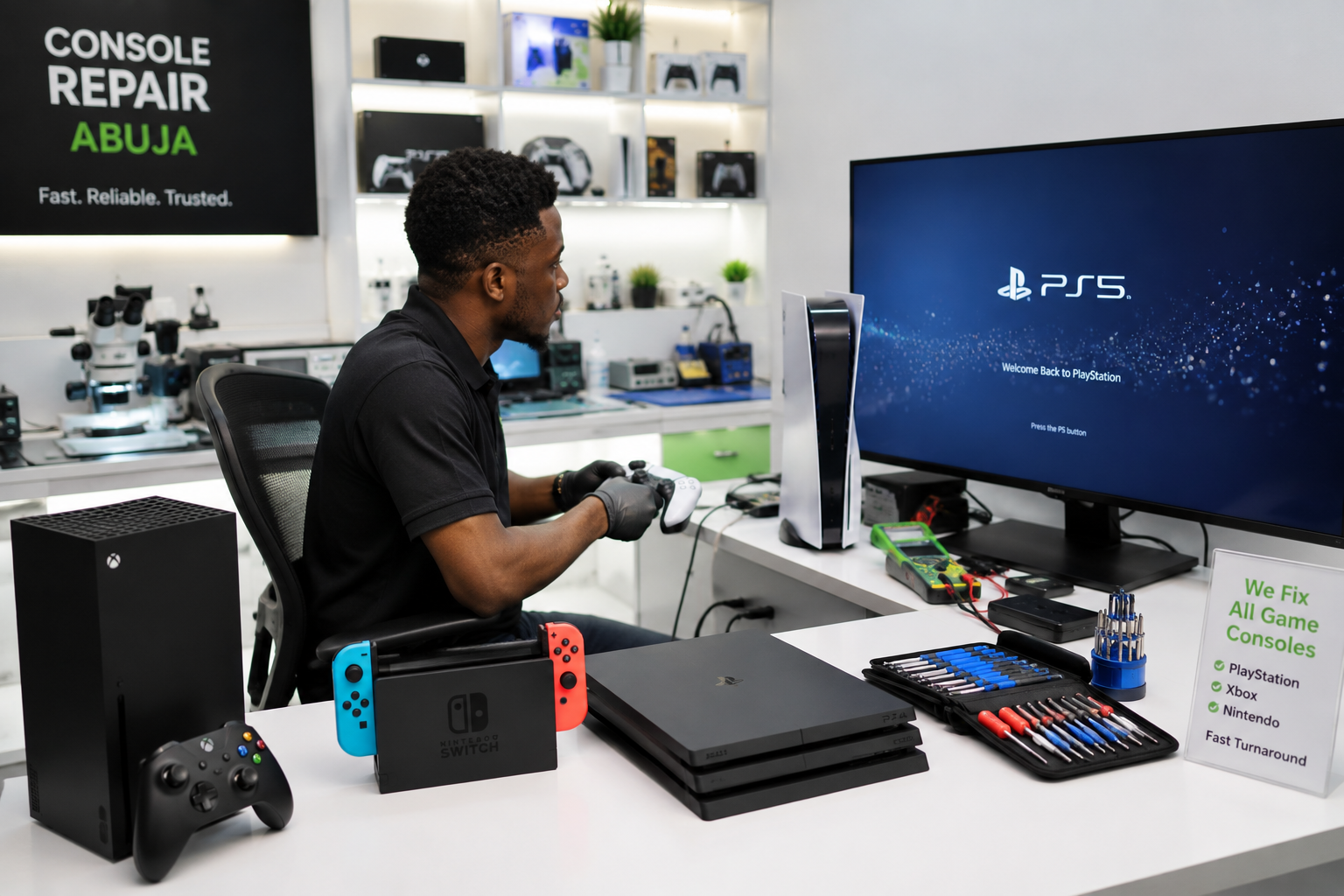 Technician testing a repaired console connected to a monitor displaying a game startup screen.