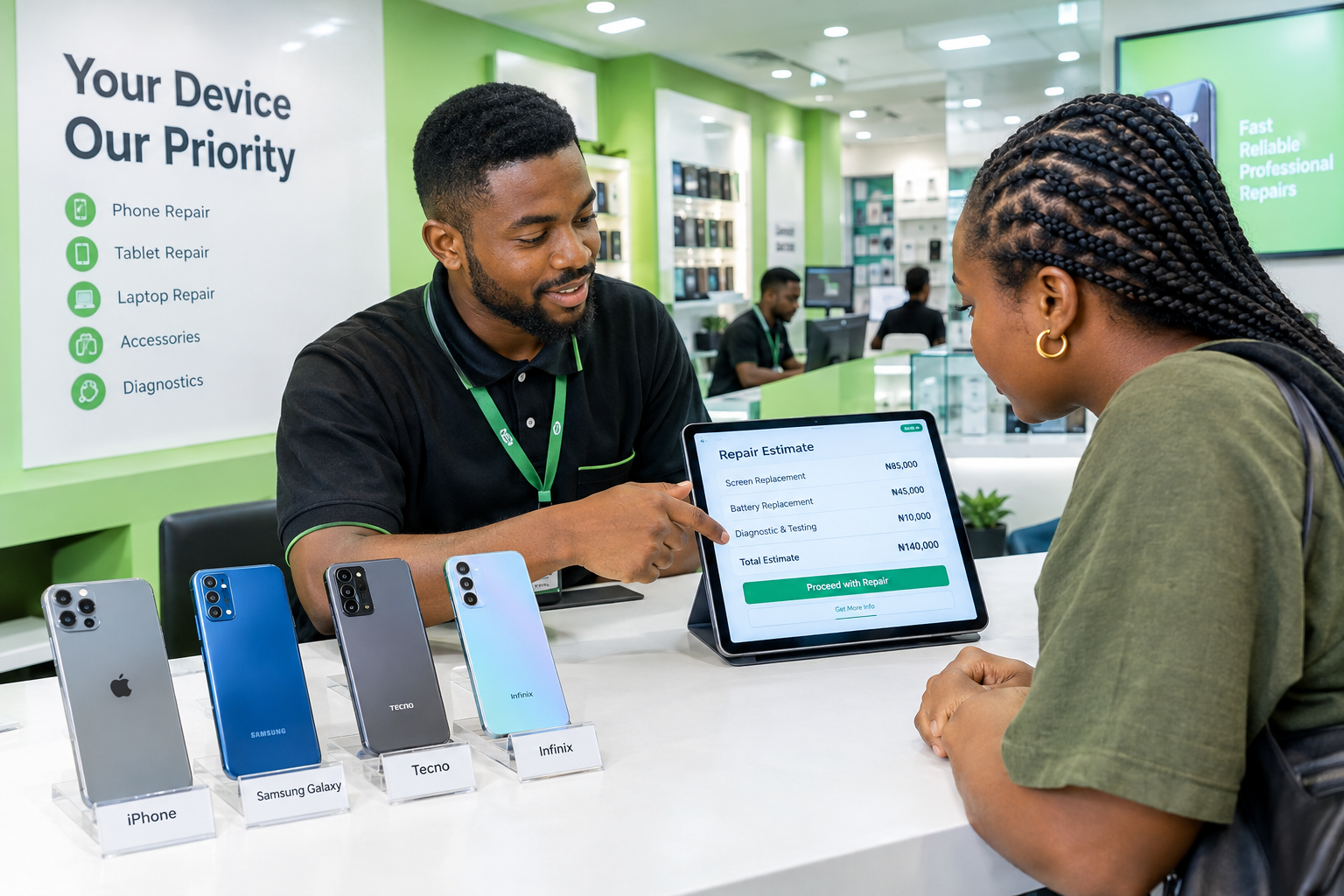 RepairBirds technician discussing smartphone repair options with a customer in Lagos. RepairBirds technician discussing smartphone repair options with a customer in Lagos.