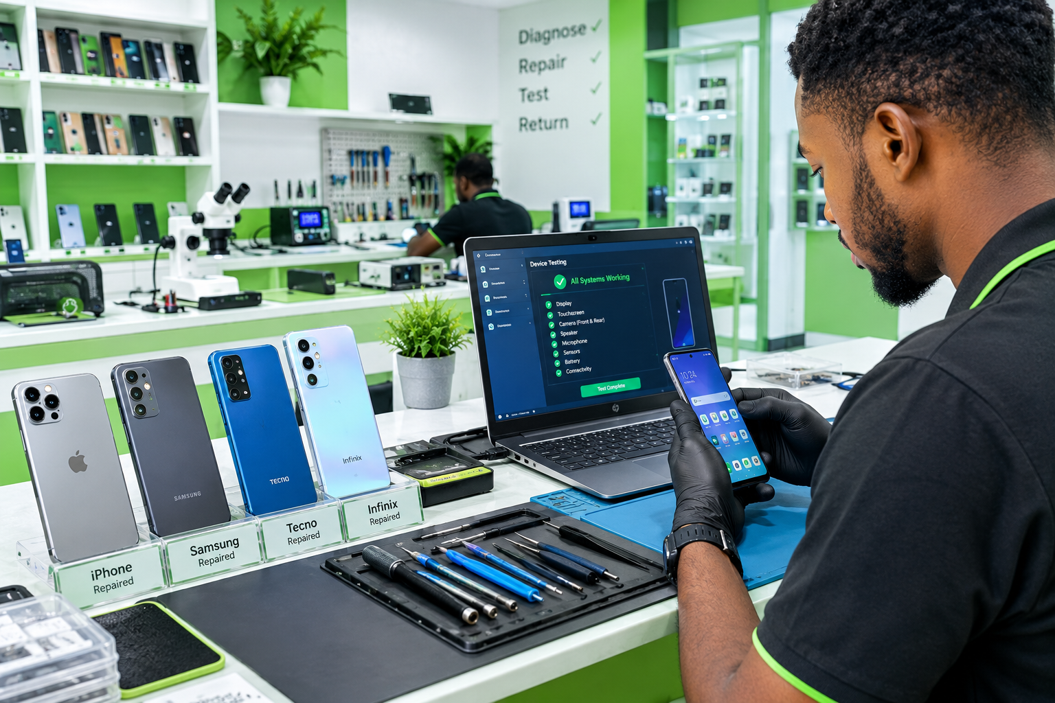 Quality testing completed on repaired iPhone, Samsung, Tecno, and Infinix smartphones at RepairBirds Lagos. Quality testing completed on repaired iPhone, Samsung, Tecno, and Infinix smartphones at RepairBirds Lagos.