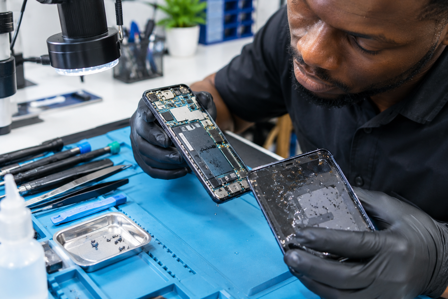 Electronics technician inspecting a water-damaged smartphone with exposed motherboard and internal components on a professional repair workstation. Electronics technician inspecting a water-damaged smartphone with exposed motherboard and internal components on a professional repair workstation.