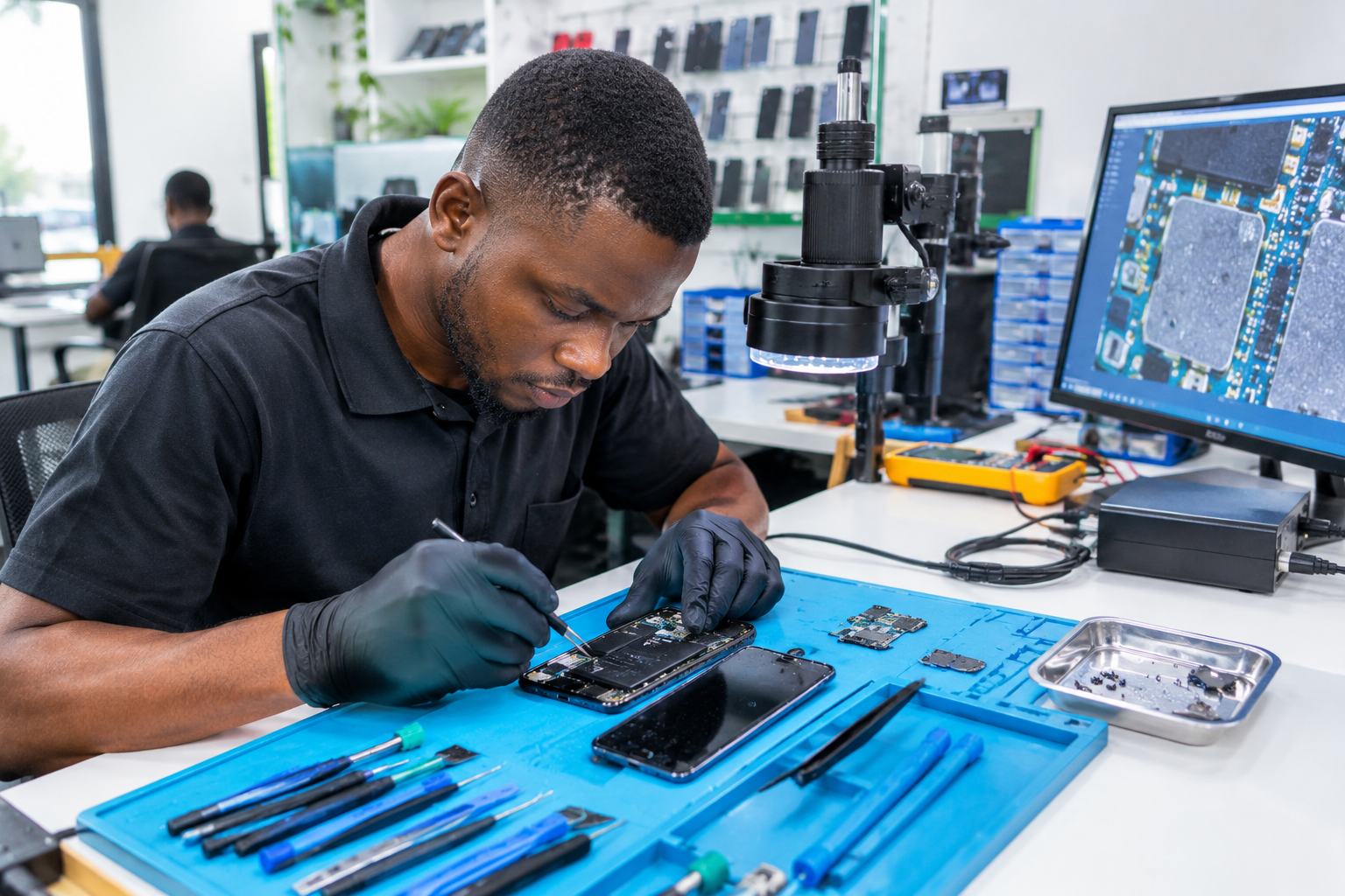 Professional Nigerian technician diagnosing a liquid-damaged smartphone with precision tools and diagnostic equipment at a clean electronics repair workstation. Professional Nigerian technician diagnosing a liquid-damaged smartphone with precision tools and diagnostic equipment at a clean electronics repair workstation.