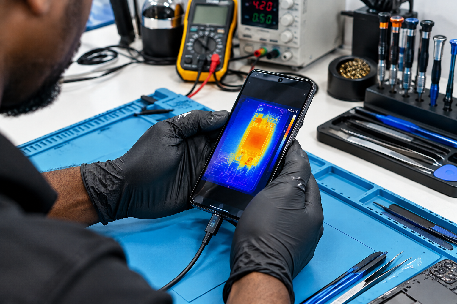 Technician professionally inspecting an overheating smartphone at a Nigerian repair workstation. Technician professionally inspecting an overheating smartphone at a Nigerian repair workstation.