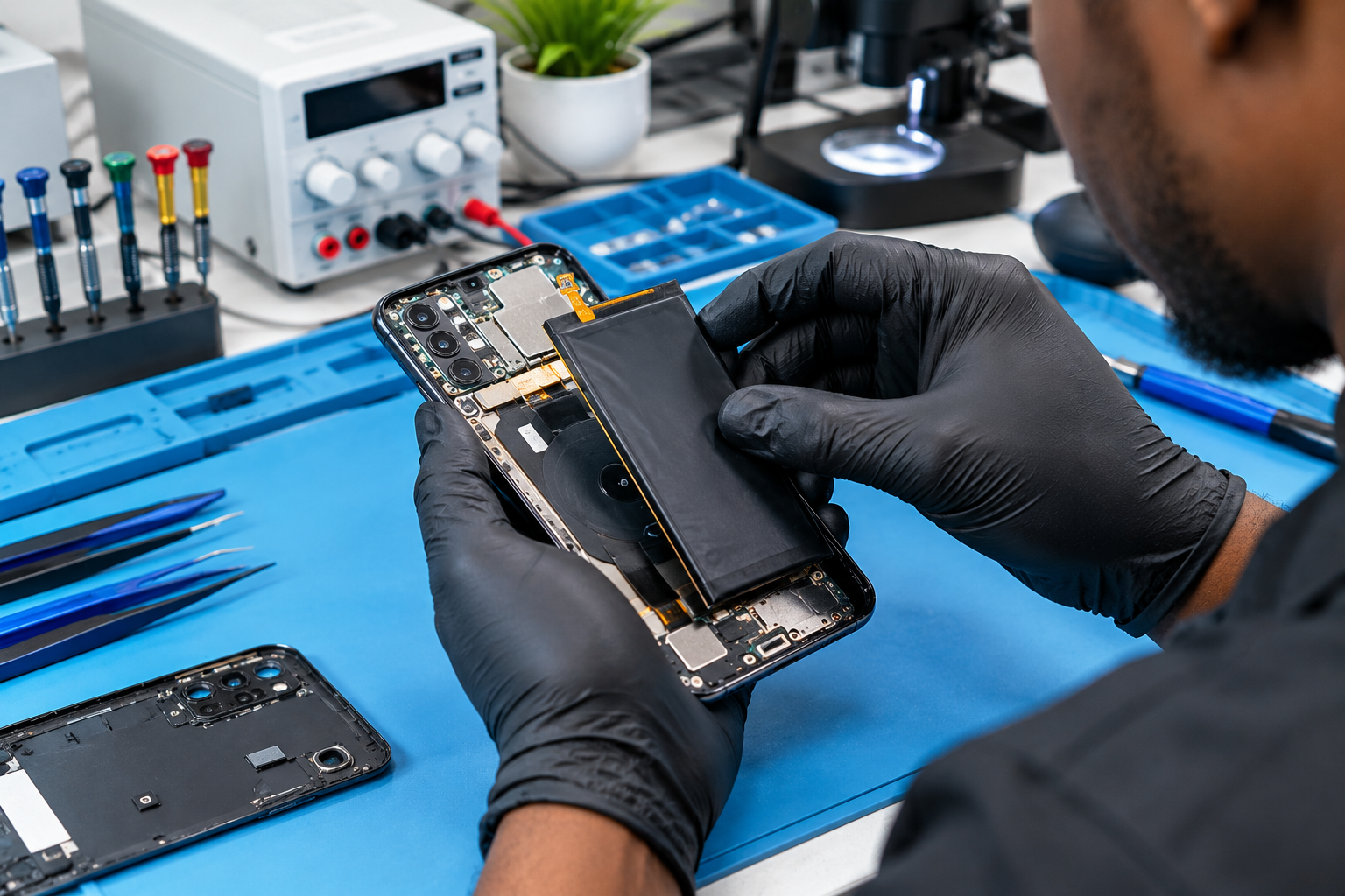 Technician inspecting smartphone battery components during professional overheating diagnostics in Nigeria. Technician inspecting smartphone battery components during professional overheating diagnostics in Nigeria.