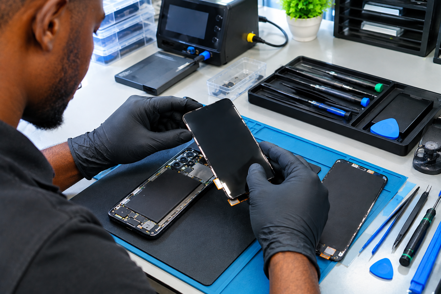  Technician performing Samsung screen repair in Lagos