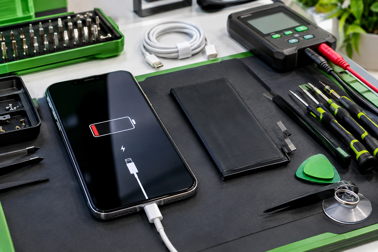 iPhone showing a low battery warning beside professional battery diagnostic equipment. iPhone showing a low battery warning beside professional battery diagnostic equipment.