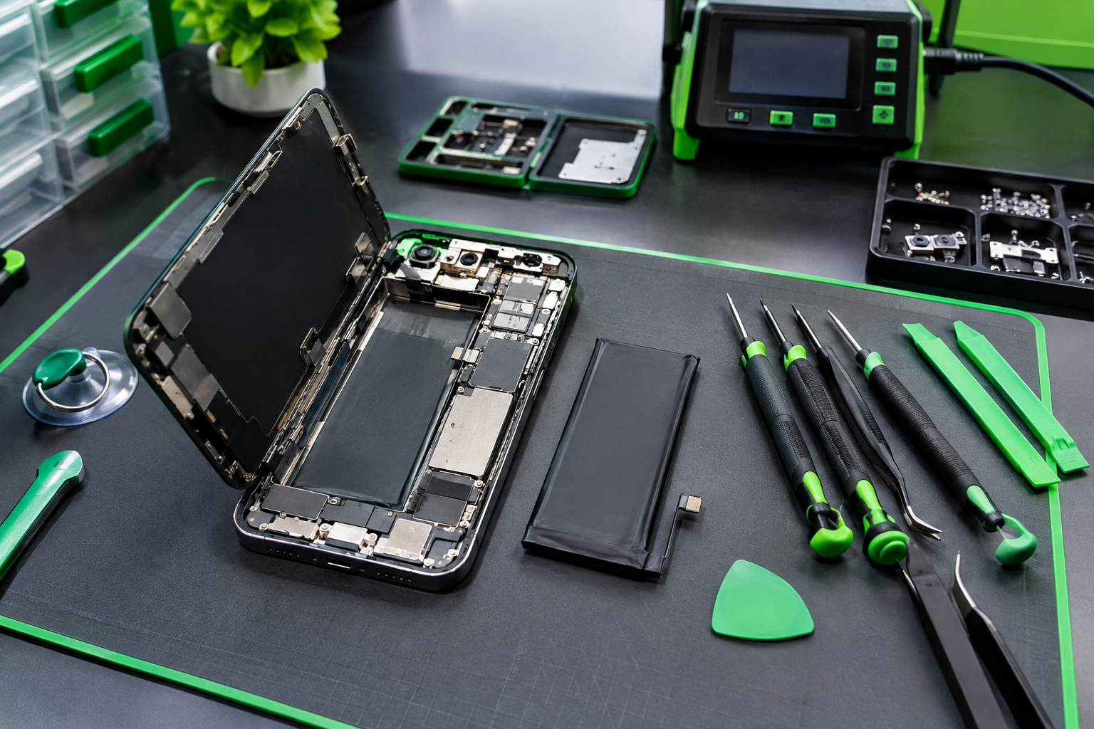 Professional iPhone battery replacement setup with repair tools and replacement battery in Nigeria. Professional iPhone battery replacement setup with repair tools and replacement battery in Nigeria.