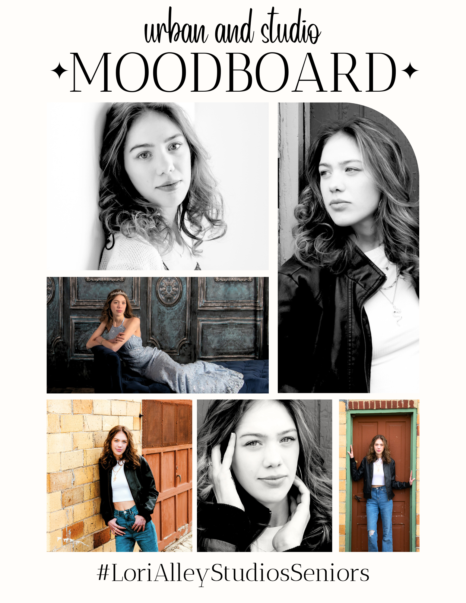 collage of a high school senior girl in a combination of dressy, vintage backdrops in studio and grungy, gritty casual images in an urban setting