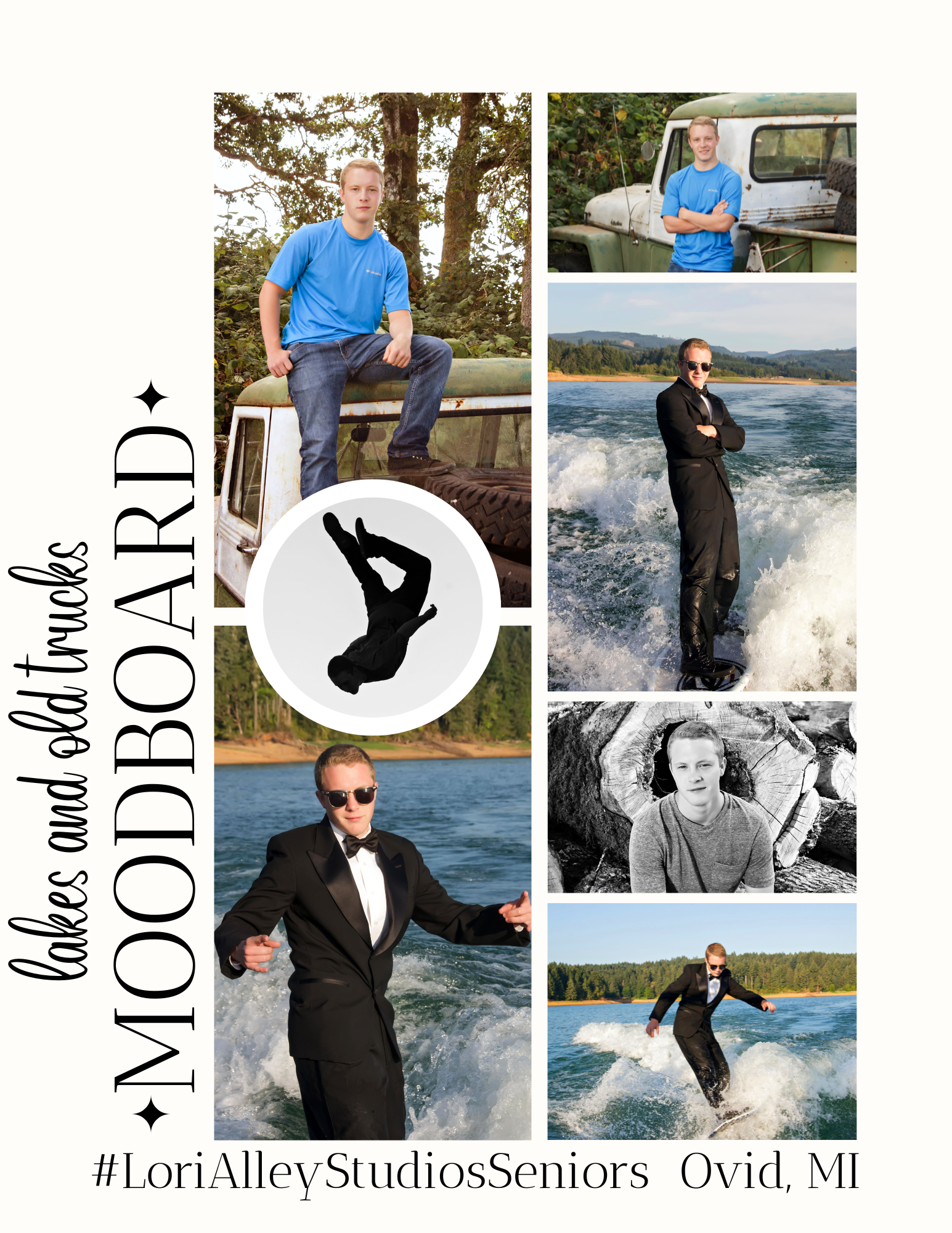 collage of a high school senior girl in a combination of dressy, vintage backdrops in studio and grungy, gritty casual images in an urban setting