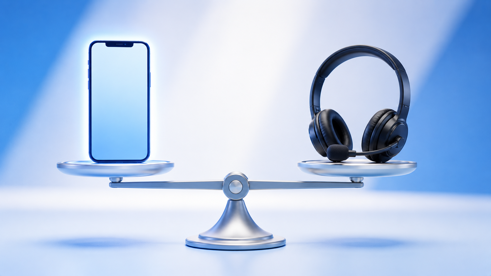 Balanced split image: a human receptionist with a headset on one side, a glowing AI phone assistant on the other